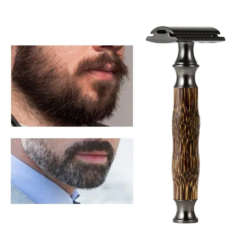 Maquinilla de afeitar Manual en forma de T para hombre, afeitadora de doble filo, cuchilla de afeitar para cara, peluquero, máquina de afeitar clásica para hombres, herramientas, afeitadora de pelo Facial de bambú