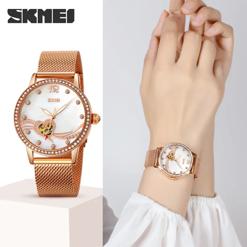 SKMEI Fashion Elegant Women's Fully Automatic Watch Heart shaped Hollow Water Diamond Night Glow Mechanical Watch zegarek damski