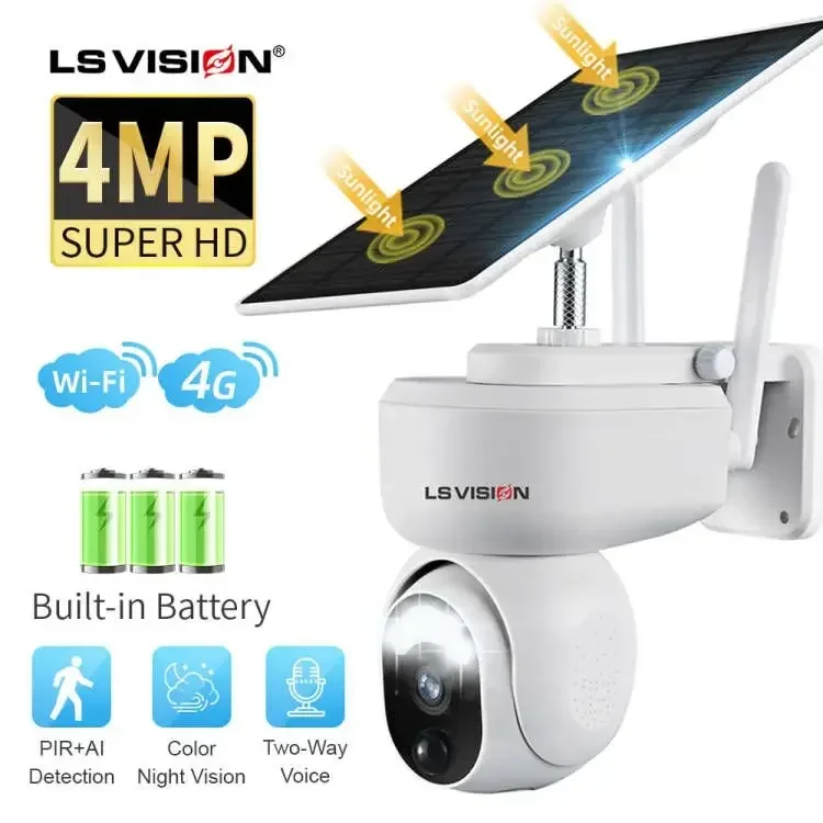 LS VISION 4MP 4G Solar CCTV Camera with Sim Card Slot PTZ Wifi IP Camera Built-in 15000mAh Battery Motion Detection Color Night