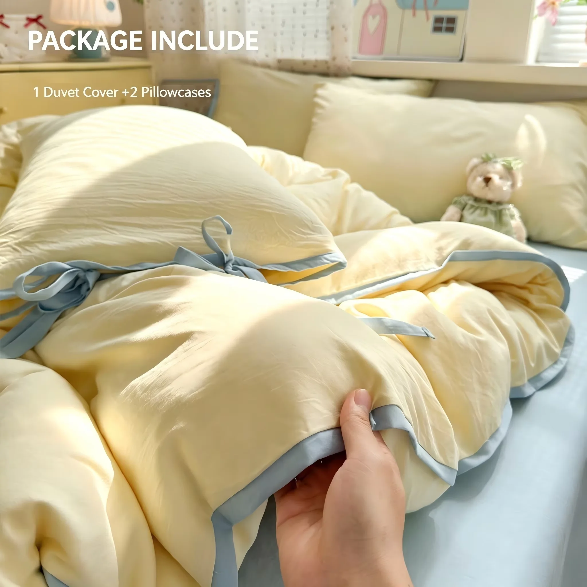 3pcs Ins Korean Yellow Duvet Cover Set  (1*Duvet Cove +2 Pillowcases No Core) Soft Bedding Set For Girls Bedroom Decor