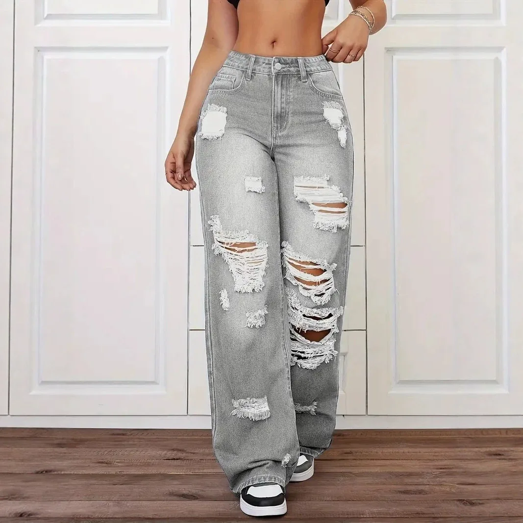 Womens Ripped Jeans High Waist Washed Denim Straight Leg Loose Fit Distressed Casual Streetwear Vintage Trousers Everyday Pant