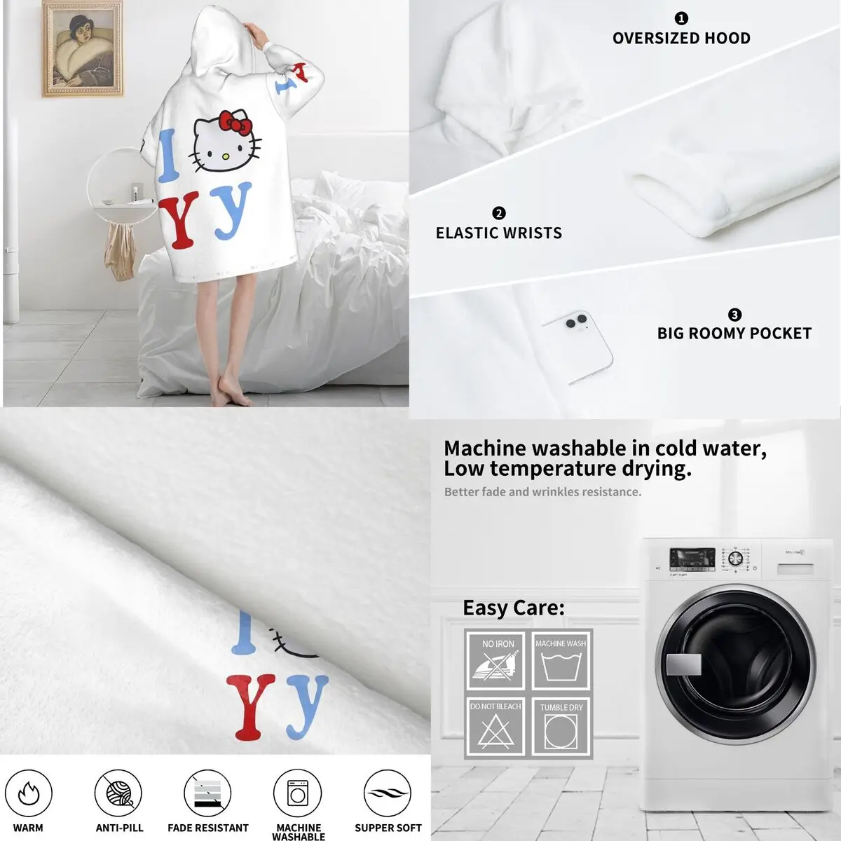 Koc z kapturem Hello Kitty, koc do noszenia, oversize z kieszenią, ciepły śpiwór, miękki i przytulny onesie