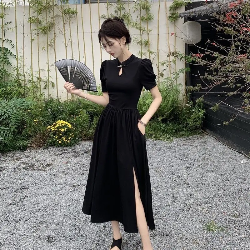 

2024 Summer New Chinese Style Improved Qipao Dress with High Grade Elegance Split Waist Mid Length Dress