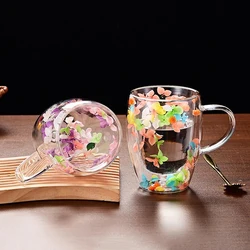 Creative Double Wall Fillings Dry Flowers Double Wall Glass Cup With Handle Coffee Cups Espresso Milk Mug
