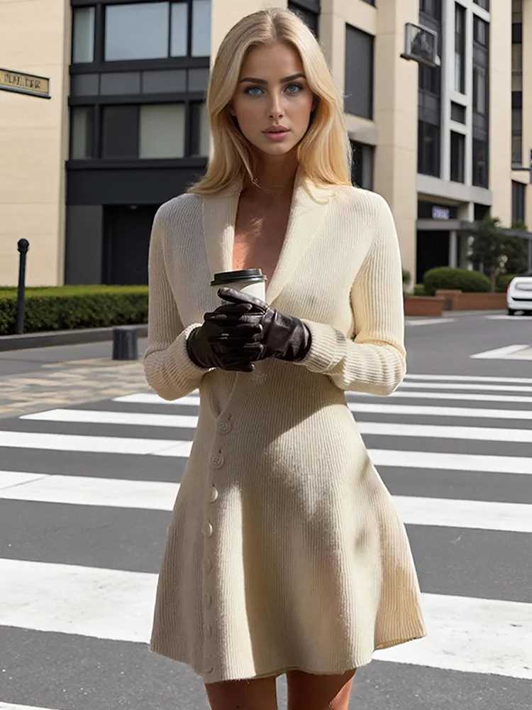 

Lady Solid Lapel Short Knitted A-line Dress Women Elegant Long Sleeved Waist Slimming Shoulder Pad Dresses Daily Commute Gowns