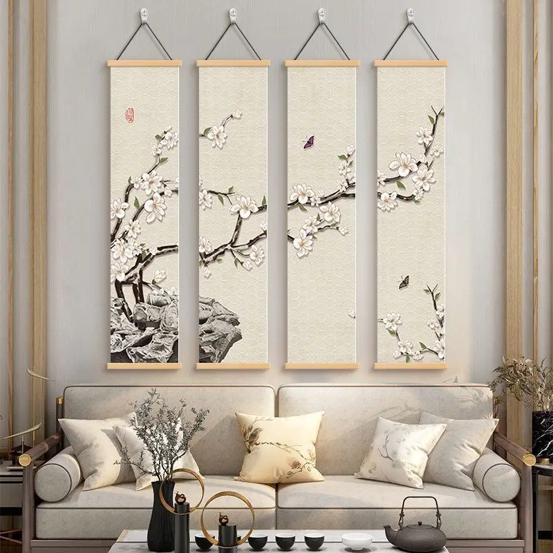 4Pcs Set Chinese Style Flower Bird Scroll Wall Art, Blossom Branch Hanging Painting, Sofa Background Tea Room Study Decor
