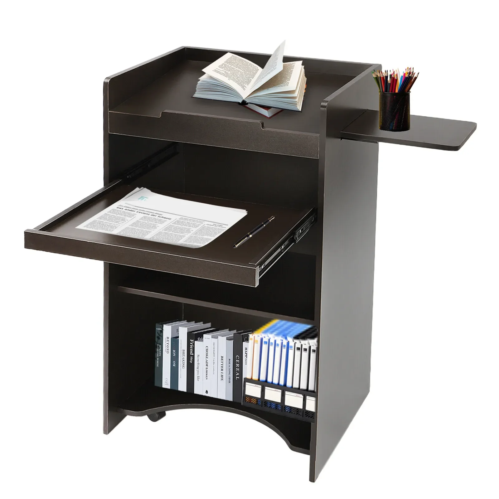 แท่นบรรยายแบบดึงออกขนาด 46"x16"x24" และแผนกต้อนรับ - แท่นปรับความสูงแบบเคลื่อนที่พร้อมล้อล็อค โครงเหล็ก