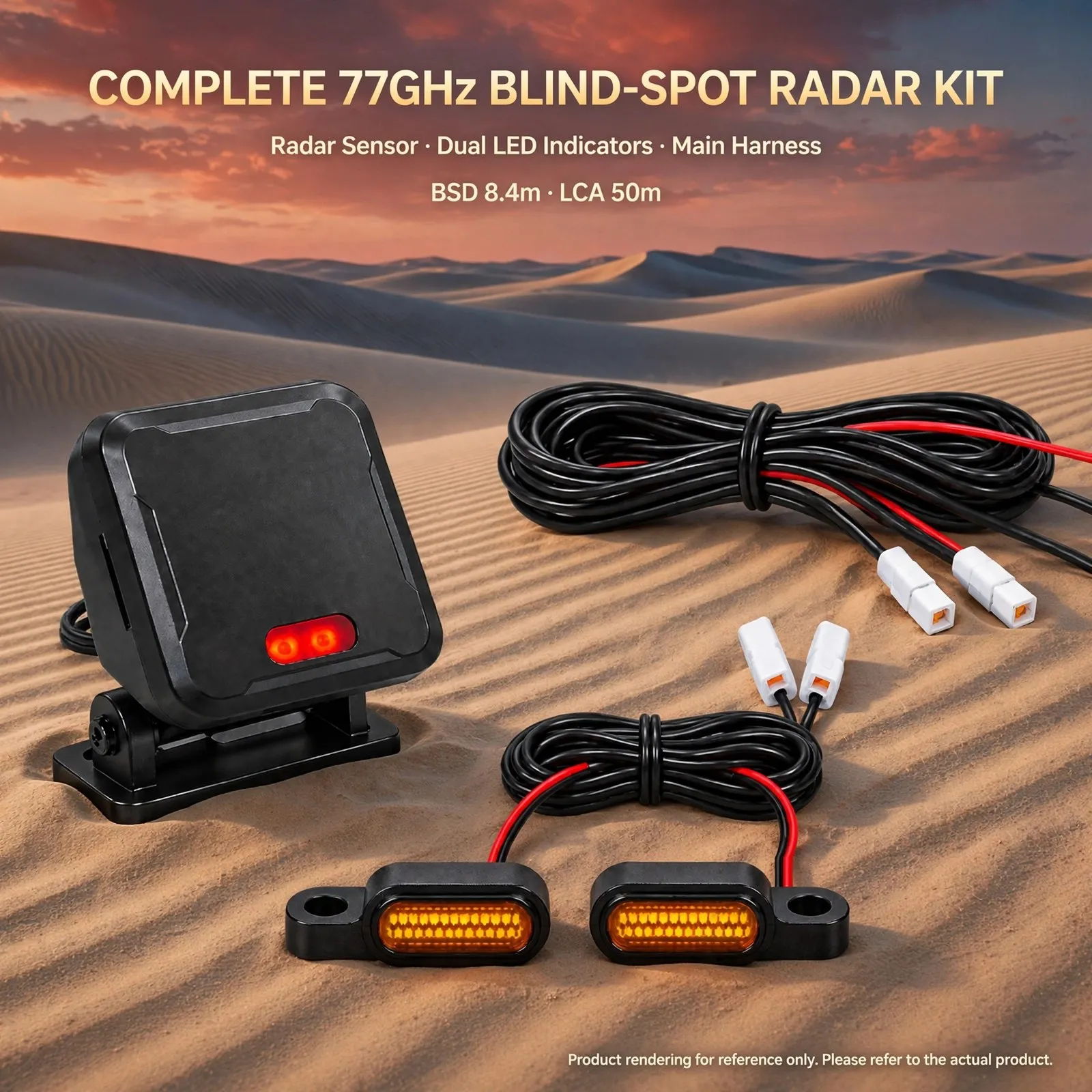 77GHz Motorcycle Blind Spot Monitoring Radar System with Dual LED Warning Indicators – Up to 70m Rear Detection, BSD 8.4m, LCA 5