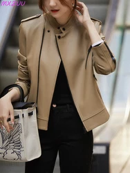 Veste en cuir véritable pour femme, de haute qualité, court et Simple, col montant, kaki, peau de mouton, fermeture éclair