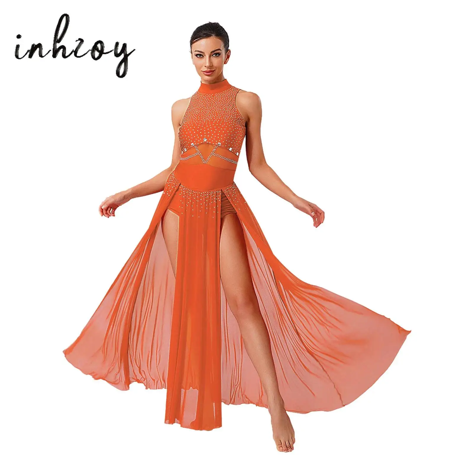 Vestido lírico feminino brilhante strass sem mangas pura malha emenda fenda bainha maxi vestido ginástica moderna dança collant vestido