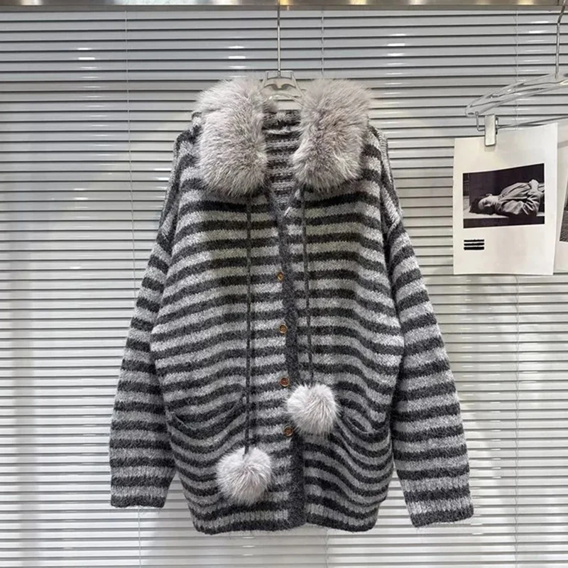 Striped Hooded Knit Cardigan Women Vintage Long Sleeve Loose Casual Sweater Streetwear Harajuku Lazy Wind Hottie Baggy New Tops