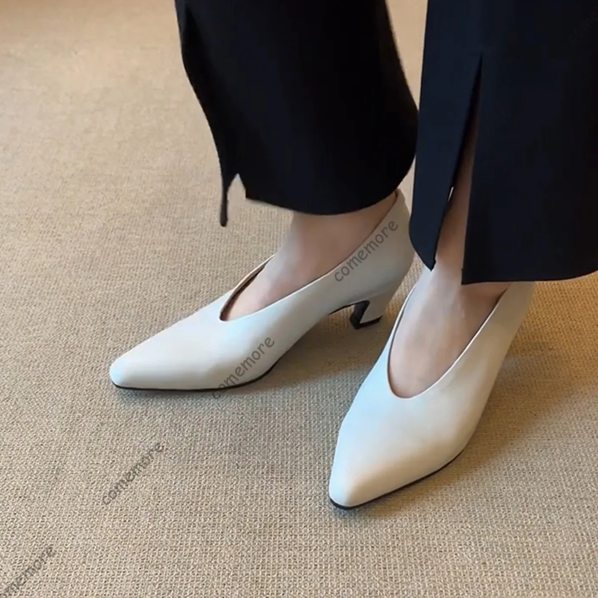 Comemore Pointed Middle Heel Women Pumps Fashion Spring Autumn Solid Slip on Heels Women Soft Leather Elegant Heel Women's Shoes