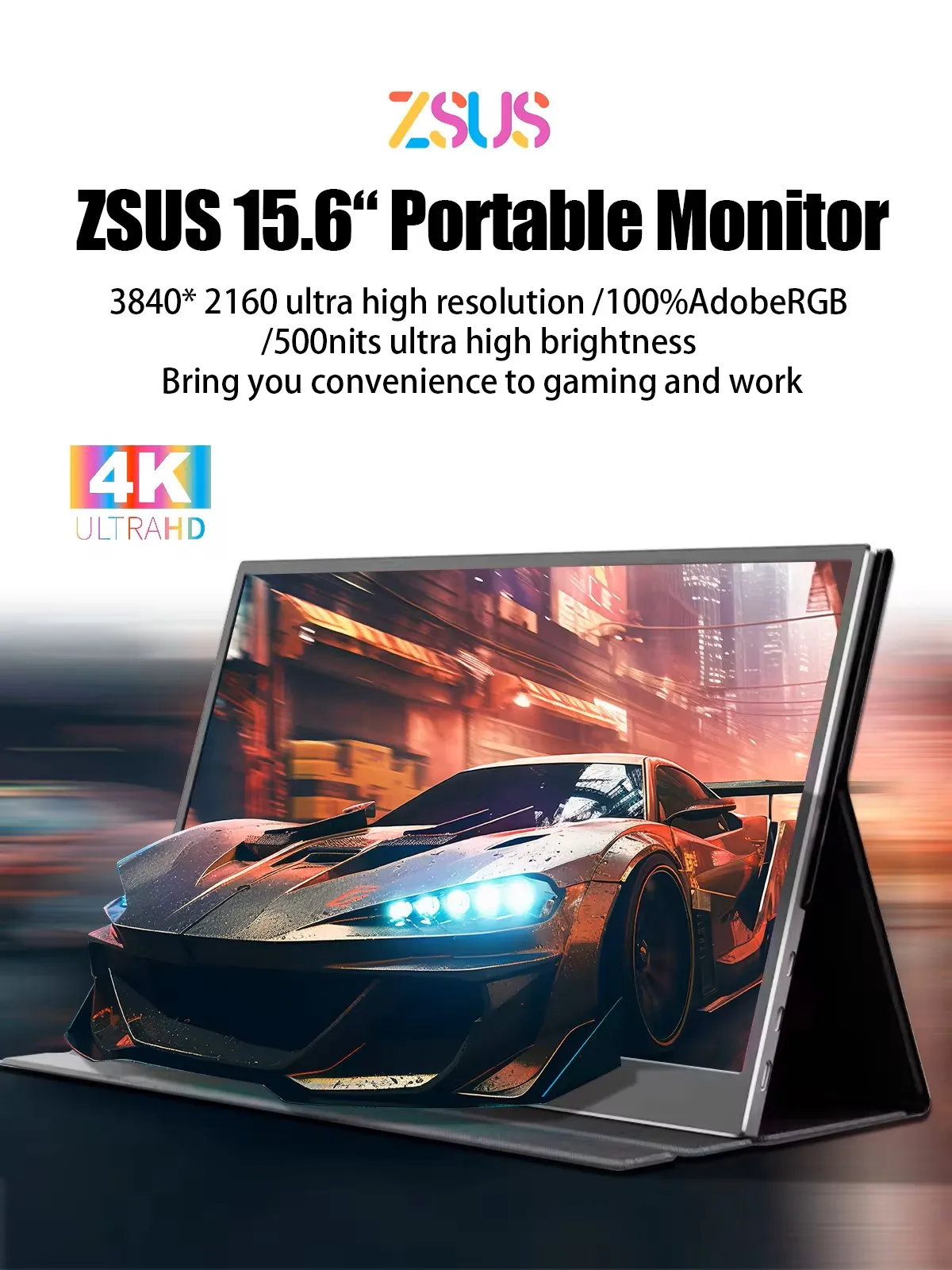 ZSUS-Monitor portátil de 15,6 pulgadas, 3840x2160, 4K, HDR, 500cd /M², Luz Azul baja, para XBox, PS4/5, Switch, teléfono móvil, PC, extensión Loptop