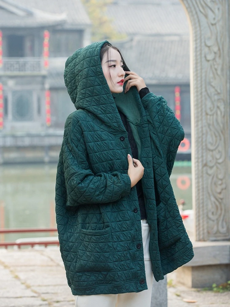 Vintage Harajuku Cotton Coat Autumn Winter Women's Clothing Quilted Hooded Jacket Single-breasted Original Outerwear Parka Loose