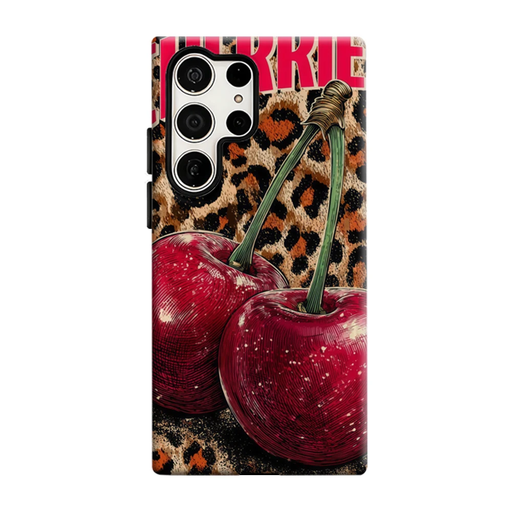 Red Cherries Leopard Phone Case For Samsung Galaxy S25 S26 Ultra S24 S23 Plus Shockproof Double Layer Tough Back Cover