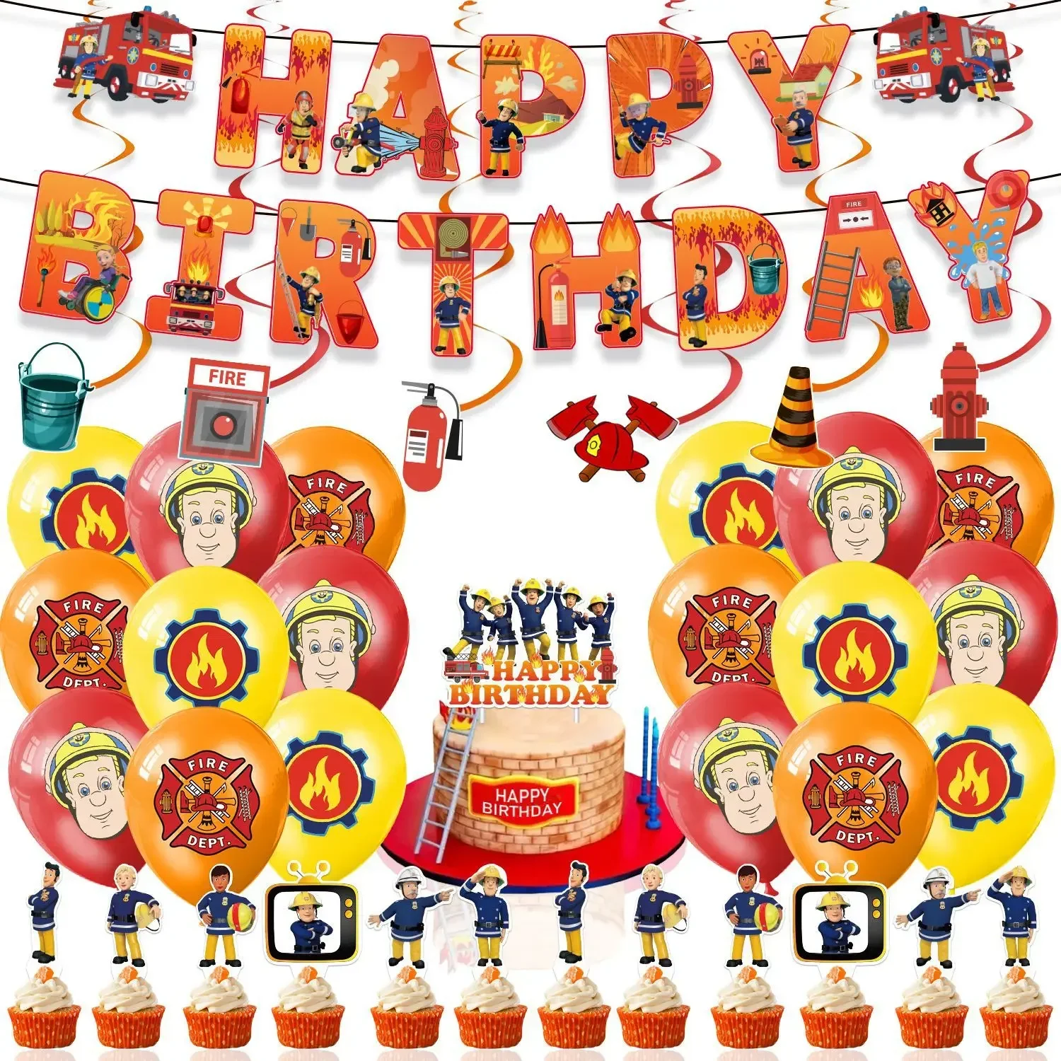 

Fireman Sam party series Party Disposable Banner Cake Topper Hanging Flag Fireman Sam Balloons style Birthday Cake Decoration