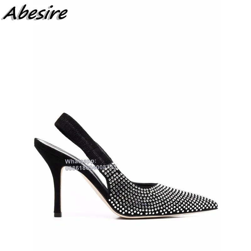 

Abesire Black Back Strap Crystal Sandals Pumps Women Pointy Toe Cut Heel Solid Stilettos Shoes On Heels High Heel Pumps For Lady