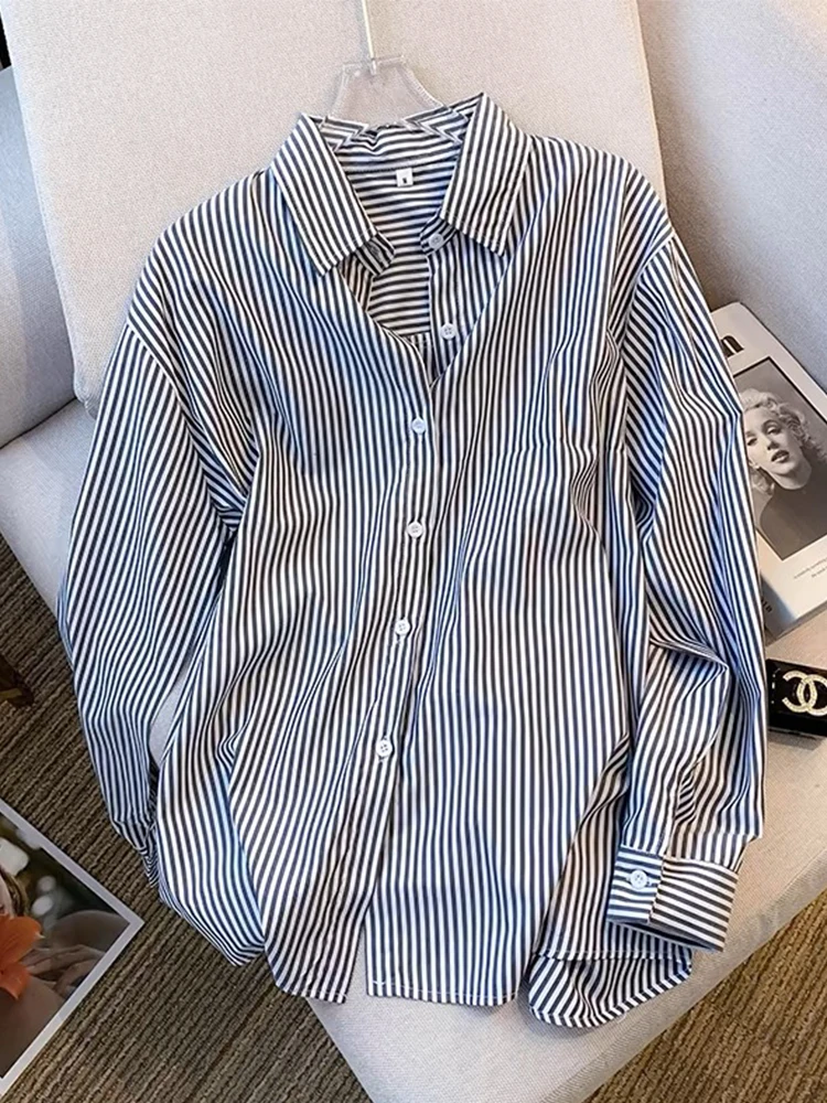 

Women's Striped Shirts and Blouses Y2k 90s Aesthetic Streetwear Vintage Korean 2000s Elegant Polo-Neck Long Sleeve Shirt Clothes