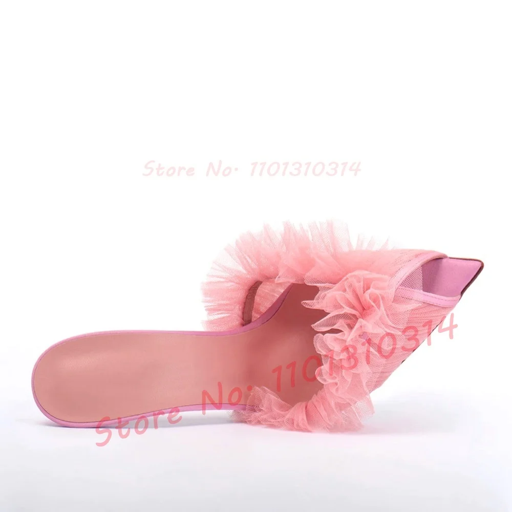 Peep-toe Pleated Tulle Mules Women Elegant Crystals Trimmed White High Heels Slipper Ladies Summer Wedding Party Chic Mesh Shoes