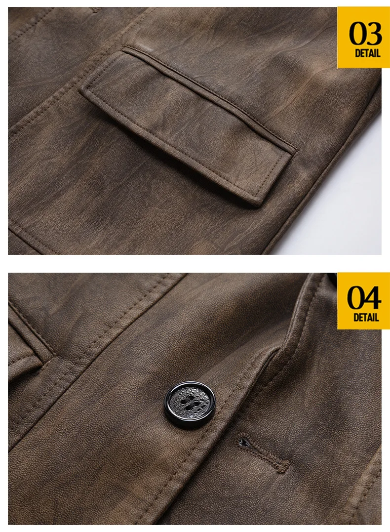 Herren-Ledermantel Herbst Winter Amerikanischer Retro-Stil Umlegekragen Herren-Oberbekleidung Mittellang Einreihig Langarm Herrenjacke – Detail 9