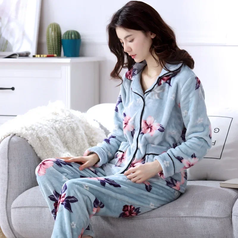 New Autumn Winter Warm Coral Velvet Pajamas Women Turn-down Collar Flannel Tops+Pants 2Pcs Pajama Sets Lady Casual Soft Homewear