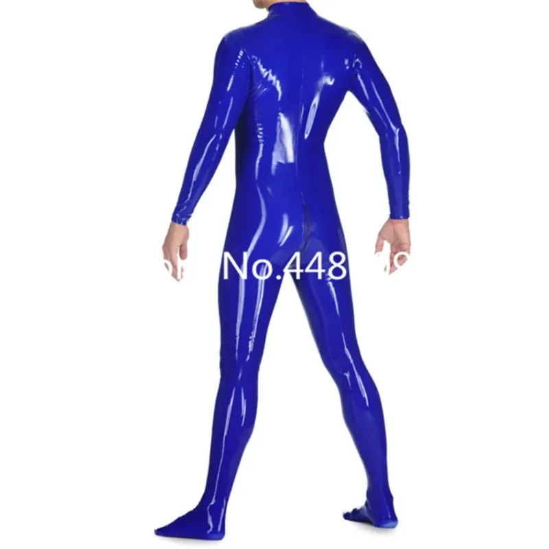 

Dark Blue Latex Long Sleeve Catsuit With Front Three Ways Zip Through Crotch Latex Body Suit With Sock for Man Males Custom Made