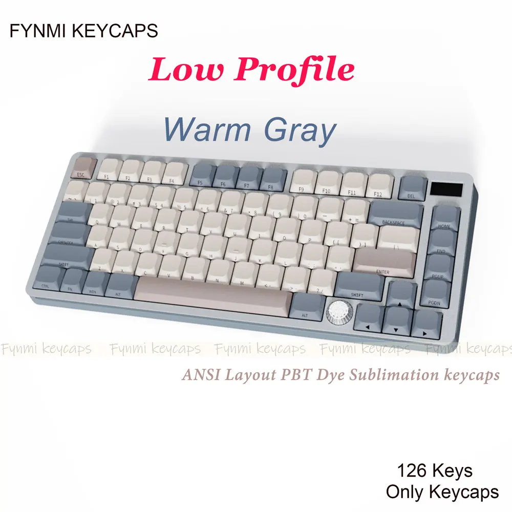 Warm Grey Ultra-slim Low Profile 126 keys ANSI Layout Keycaps 5 face Dye Sublimation PBT Keycaps for Mechanical Switch