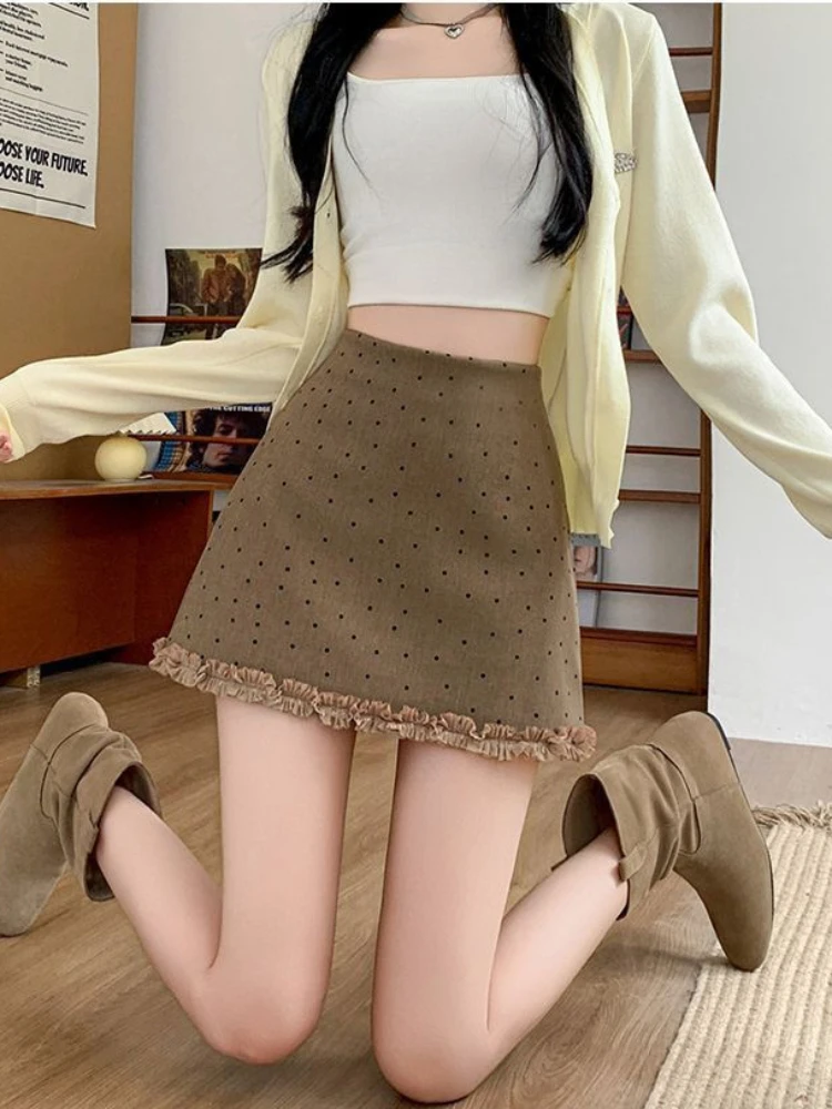 American style spicy girl retro polka dot midi skirt autumn Y2K spicy girl trend high waisted women's hip hugging short skirt