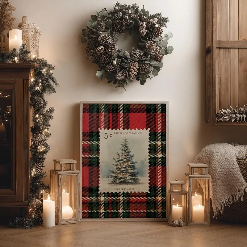 Plaid Vintage Christmas Stamp Canvas Wall Art Pine Tree Retro Tartan Festive Winter Holiday Wall Print Unframed Canvas Poster