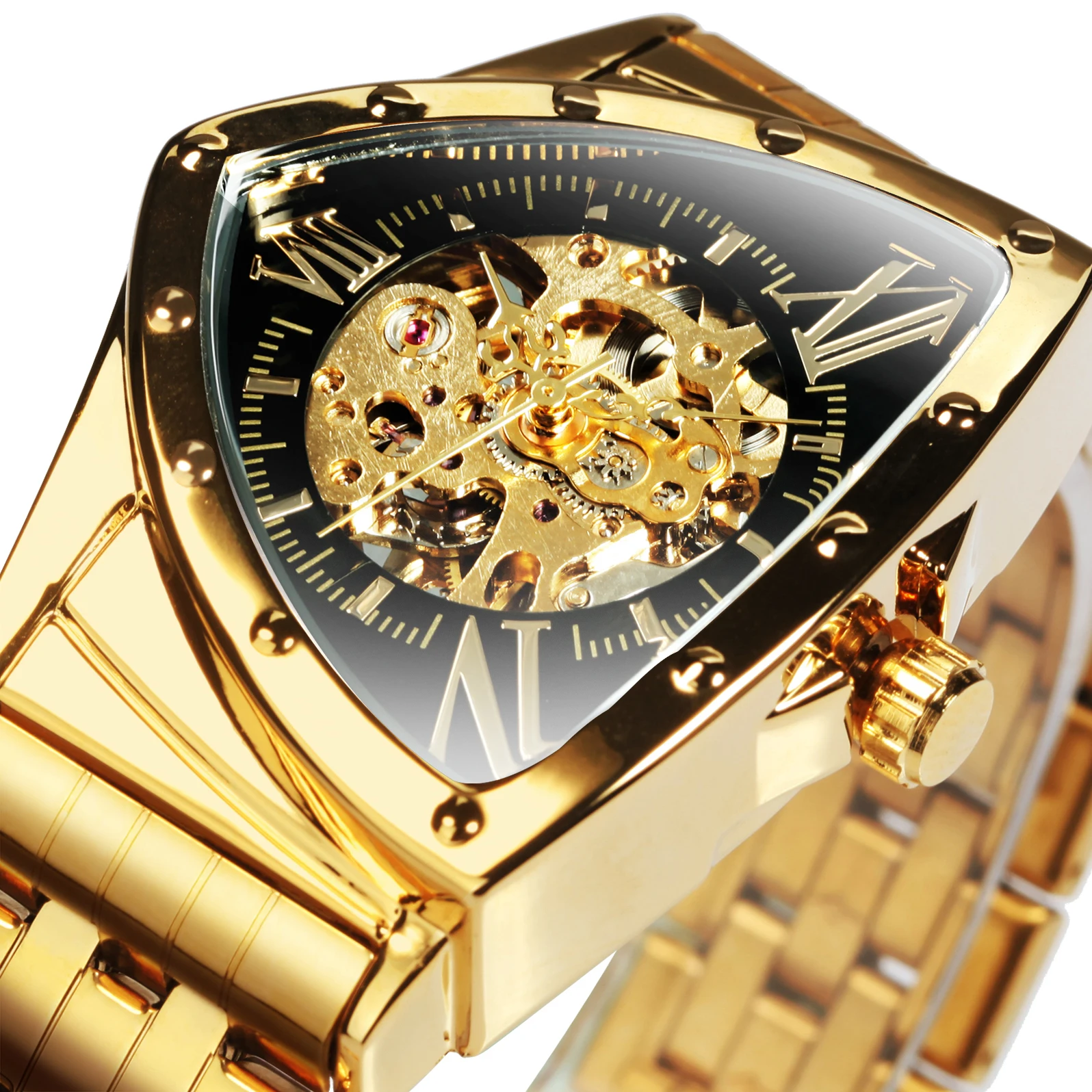 

WINNER Sports Gold Mechanical Watches Triangle Skeleton Dial Luxury Military Automatic Watch for Men Stainless Steel Strap Clock