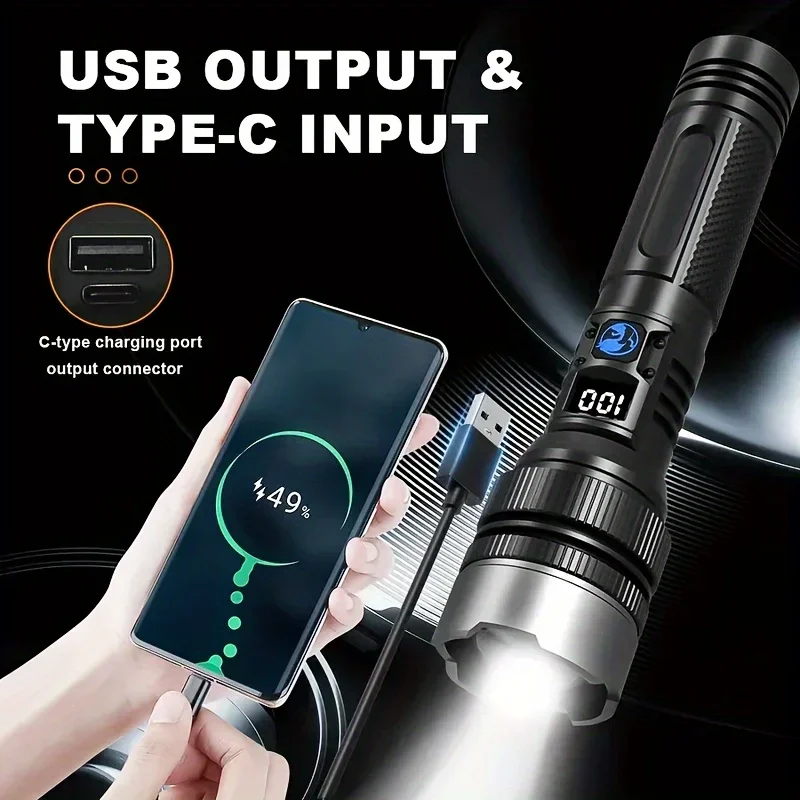 Ultra Bright LED Flashlight Tactical Zoom Torch USB Type-C Rechargeable High-Intensity Emergency Light with Aluminum Lamp Shade