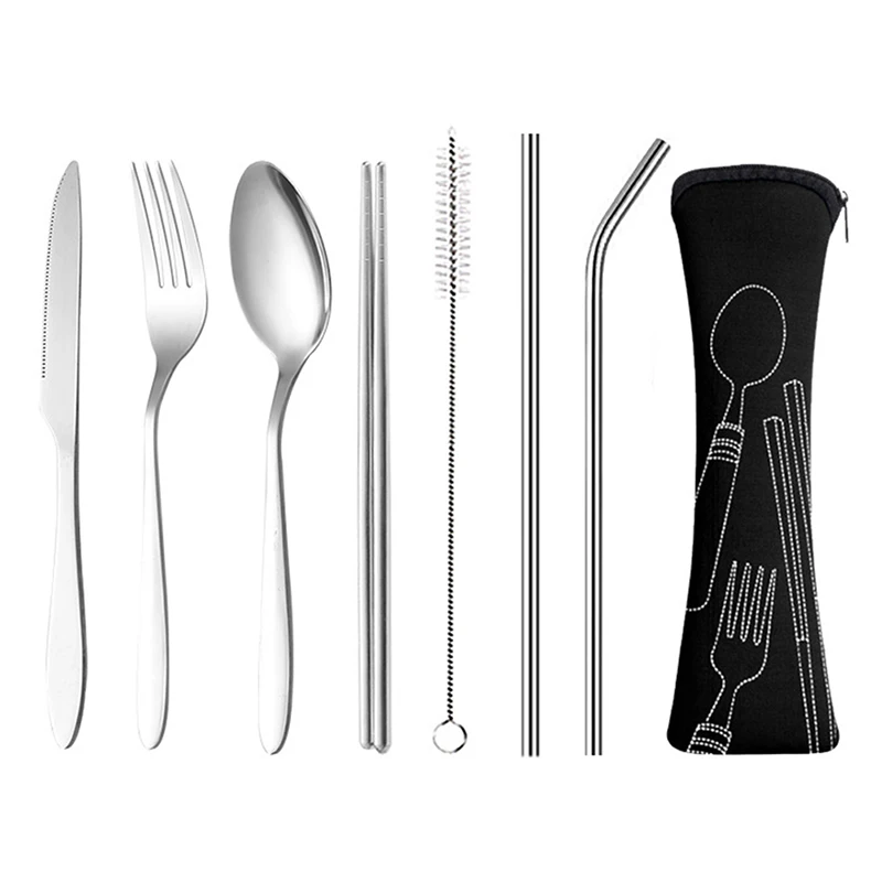 8pcs/set Portable Tableware Bag Cutlery Zipper Bag Dinnerware Picnic Fork Spoon Dinnerware Outdoor Camping Picnicking Tools