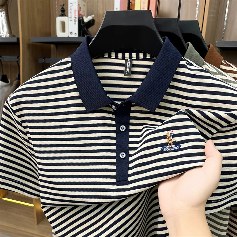 Nouveau polo d'été pour homme, t-shirt à manches courtes avec col à fines rayures brodées, vêtement décontracté et professionnel pour homme