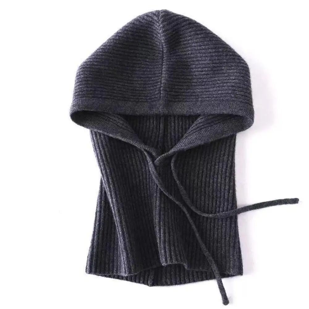 Fashion Knitted Balaclava Hat Hooded Thick Warm Head Hooded Hat Drawstring One-Piece Neck Collar Pullover Beanies Winter Outdoor
