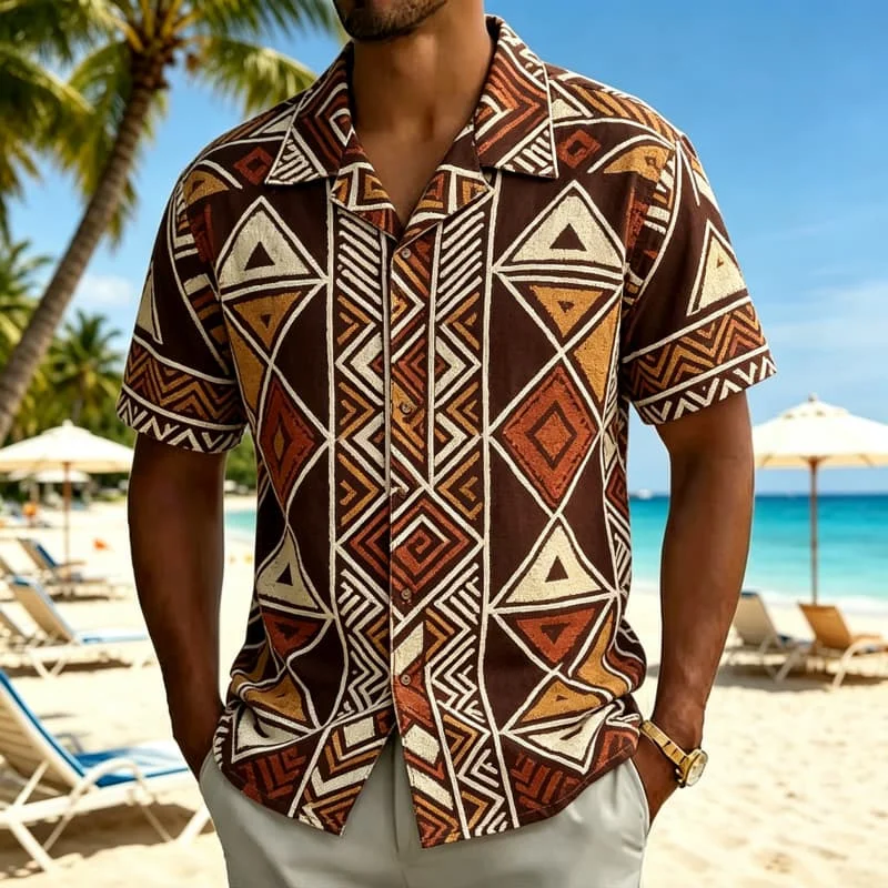 

Men's Tribal and Geometric Print Shirt，suitable for Summer Beach, Casual Wear, Pool Parties & Holiday Trips