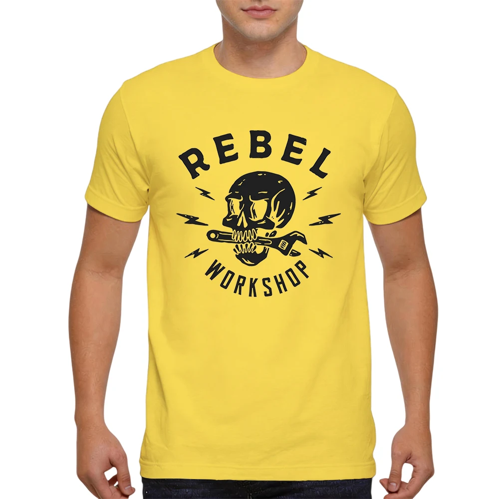 Mens 100% Cotton T Shirt Rebel Workshop Skull With Wrench Lightning Vintage Rock Letter Print Breathable Short Sleeve Daily Wear