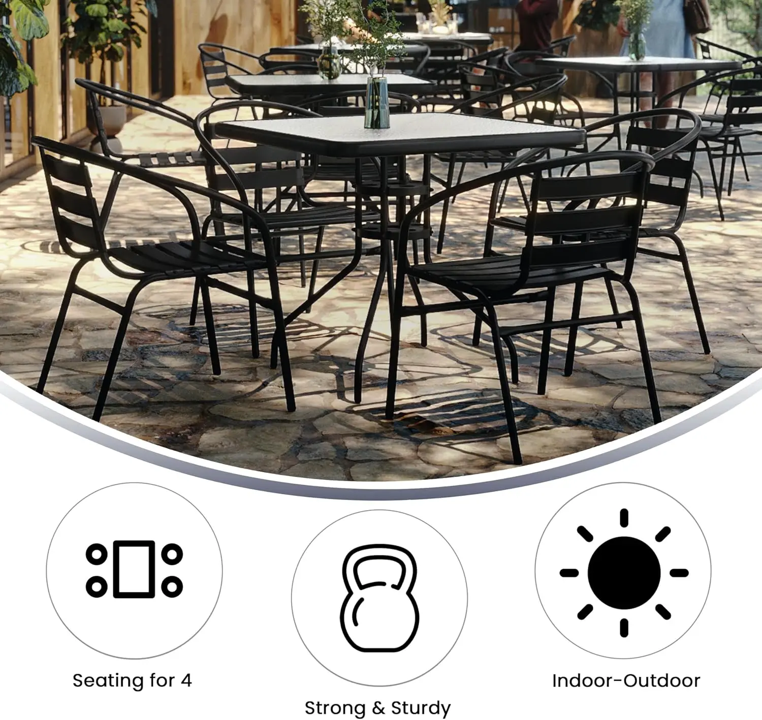 Set da pranzo per Patio da 5 pezzi con tavolo quadrato in metallo di vetro da 31.5 "e 4 sedie impilabili con schienale a doghe