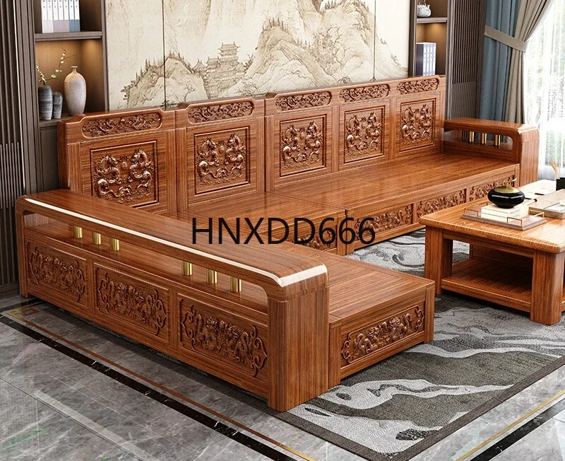 Solid wood sofa walnut wood carving flower home living room winter and summer storage furniture