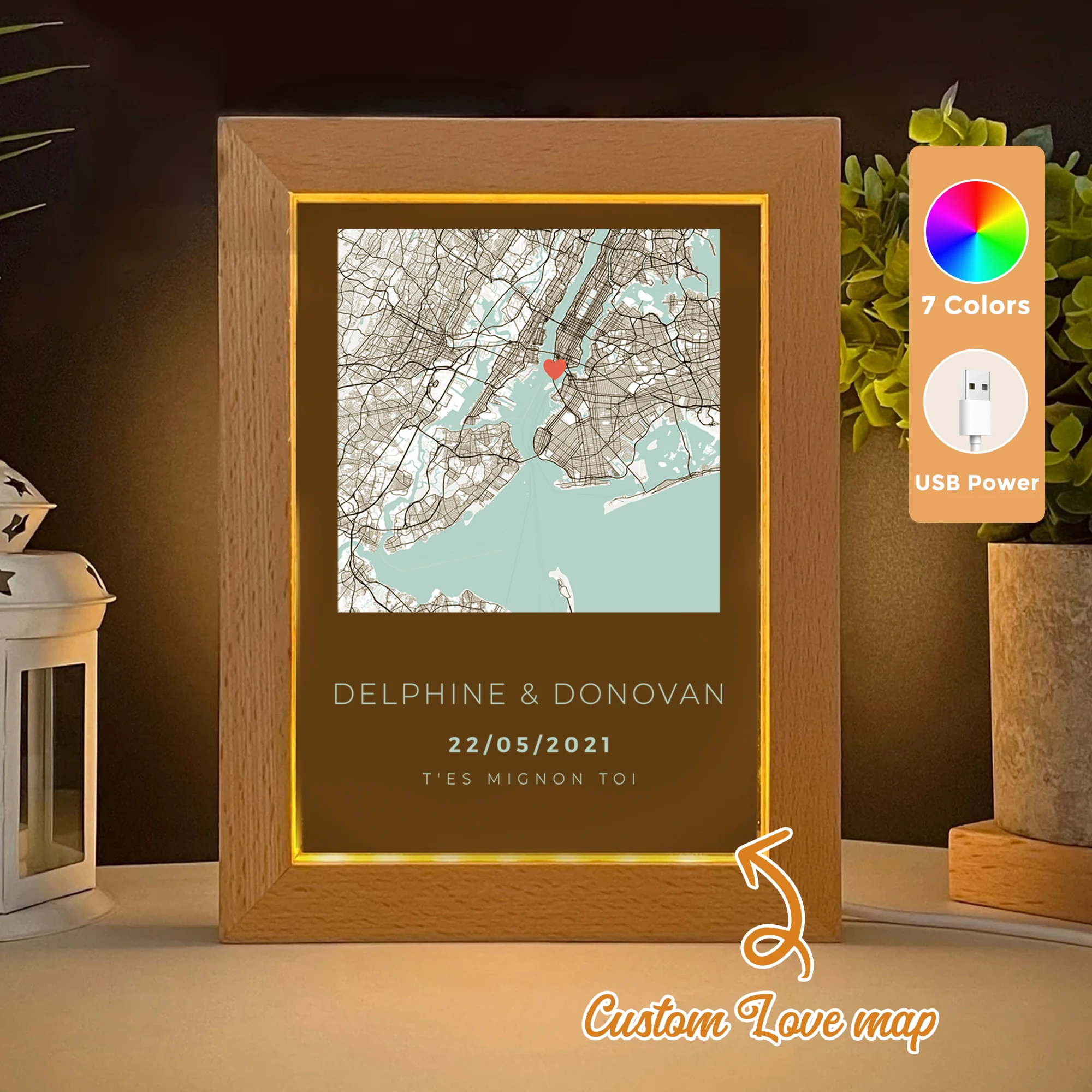 

Customized Personalized Couple Anniversary Map LED Acrylic Night Light Wood Photo Frame 21x17cm Bedroom Gifts Home Decor Gift