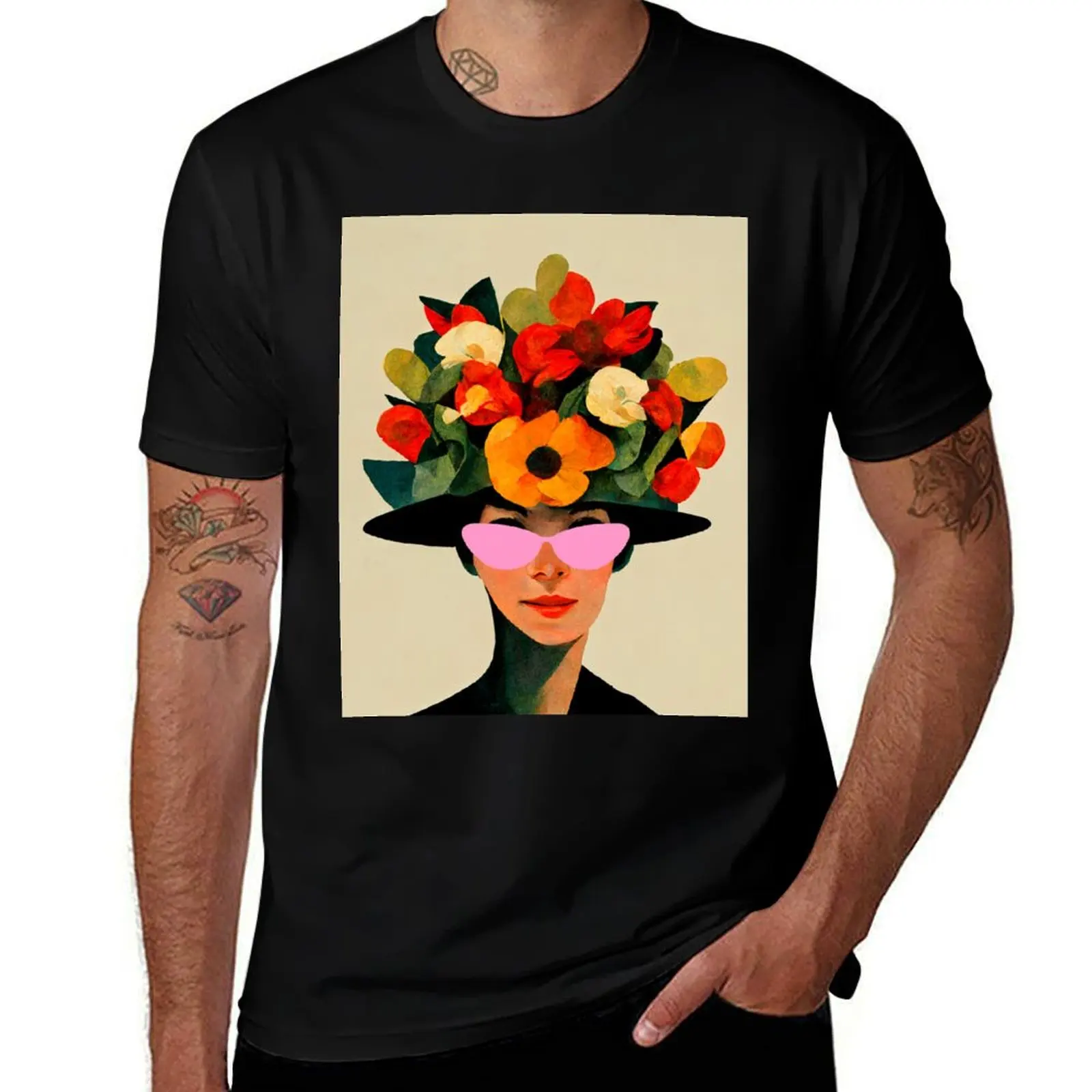 Beautiful woman with flowers in her hair vintage art T-Shirt Basic Plain Tee for Spring and Summer T-Shirt