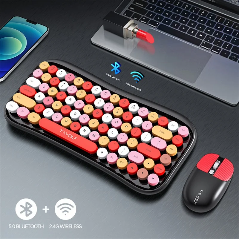 Cute Bluetooth5.0 Keyboard Set Mixed Candy Round Keys Bluetooth 2.4G Wireless Keyboard And Mouse Combo For Laptop Tablet PC Girl