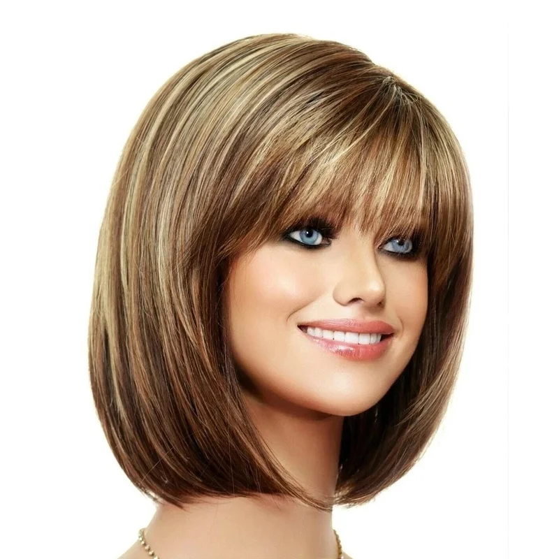 Real Hair Fashion Charm Long Brown Mix Blond Women's Full Wigs 12 In