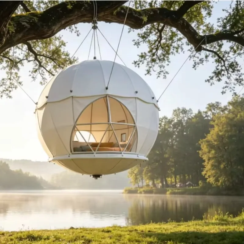 Suspended Spherical Tree Tent 650g PVC Tarpaulin Steel Frame 3-m for Forest Camping