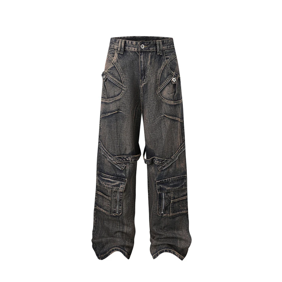 

Hip Hop Cargo Jeans Mens Streetwear Punk Y2k Multiple Pockets Denim Trousers Men Harajuku Vintage Washed Baggy Wide-leg Pants