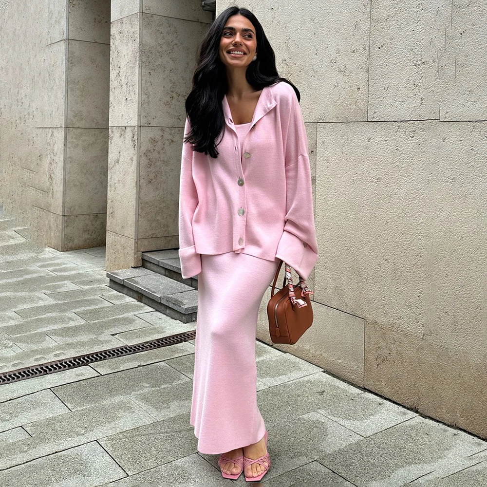 

Tuularose 3 Piece Long Dress Set Autumn Knit Long Sleeve Cardigan Camisole Vest Slim Dress Set Casual Elegant Women's Dress Set