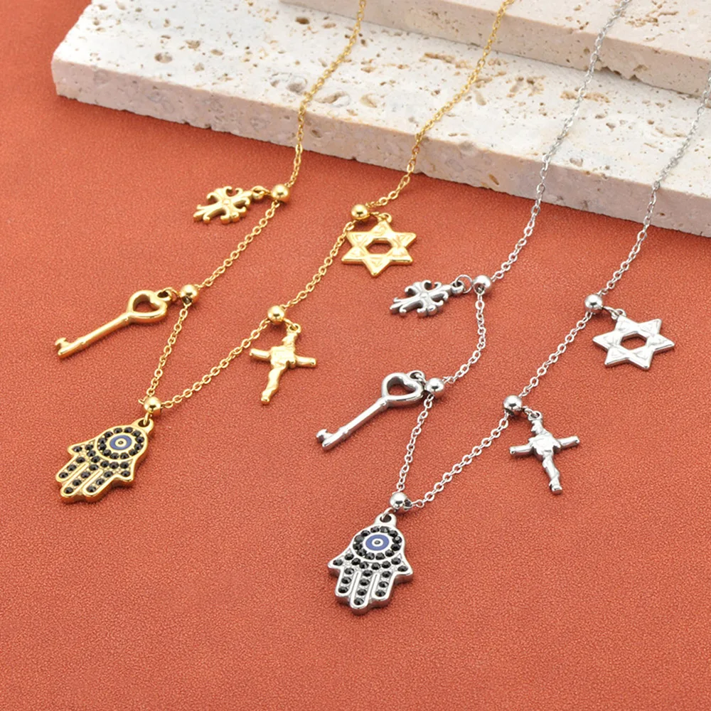 Lokaer 316L Edelstahl Zirkon Fatima Hand Kreuz Anhänger Halskette für Frauen Exquisiter goldfarbener religiöser Schmuck N26009