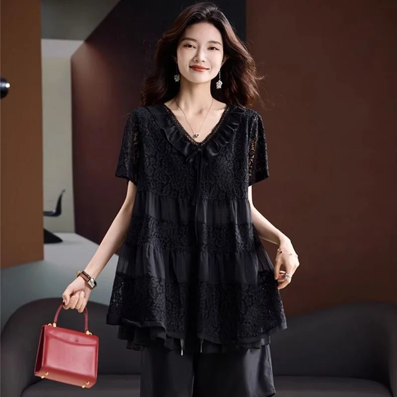 

Модная черная кружевная блузка с коротким рукавом и V-образным вырезом, женский топ больших размеров