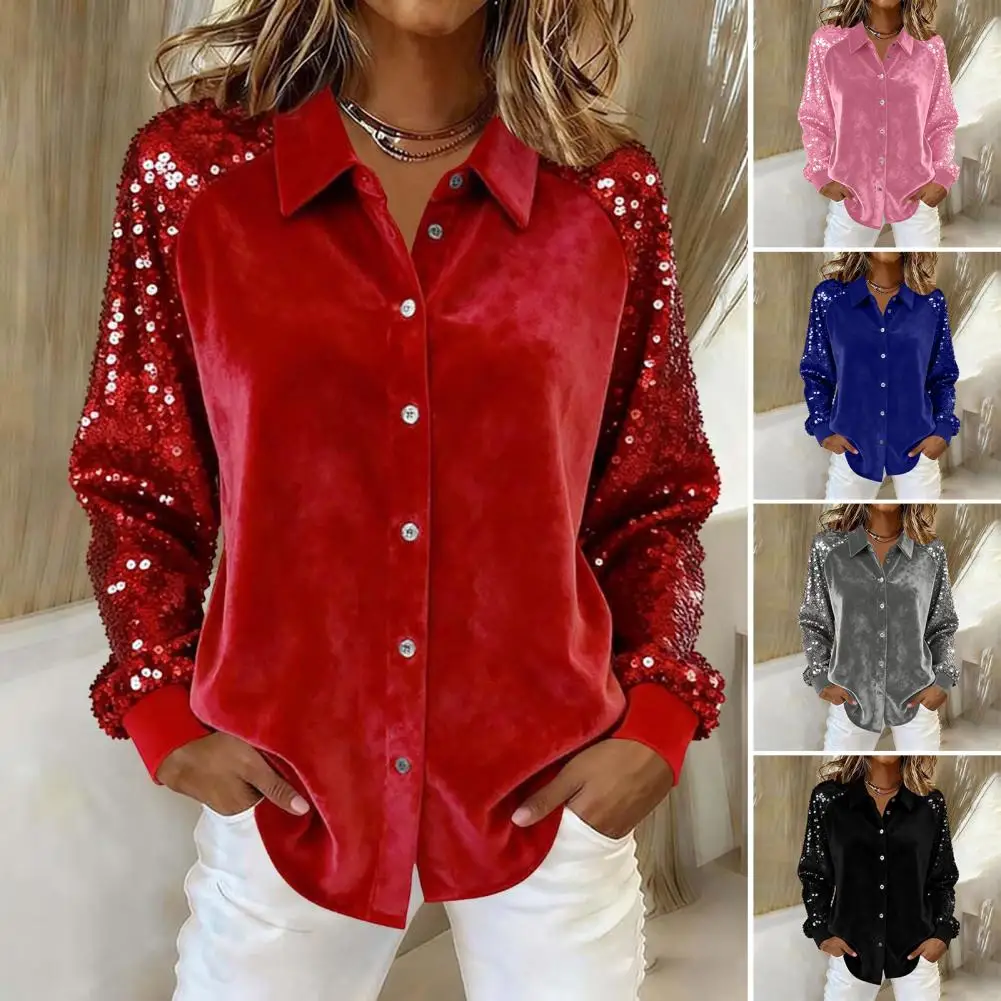 Camisas femininas de veludo moda brilhante sigle breasted botão camisa de manga longa feminino festa turn down collar streetwear camisas