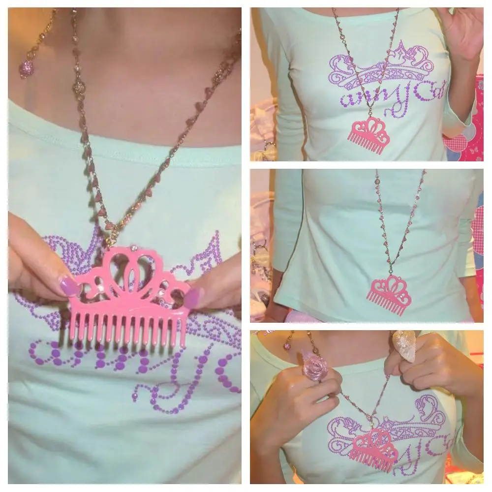 Rhinestone Decor Crown Pendant Necklace Acetate Material Long Chain Rhinestone Necklace Pendant Design Shiny Finish