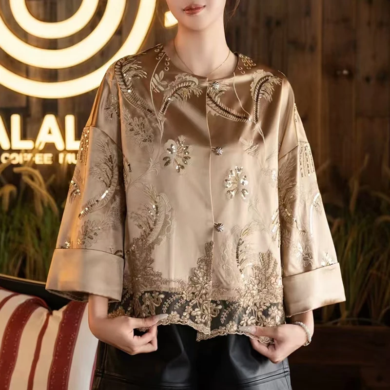 

Spring and Autumn New Round Neck Acetate Fabric Embroidered sequins Splicing Lace Design Fashion Women's Jacket S-XL